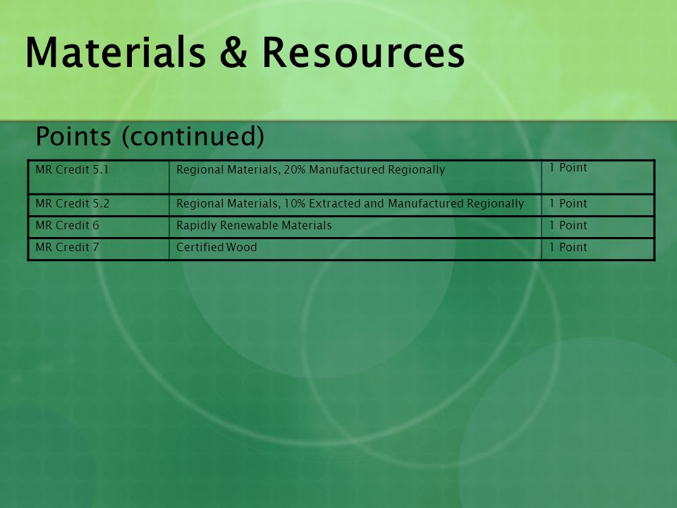 Materials & Resources Points (continued) MR Credit 5.1