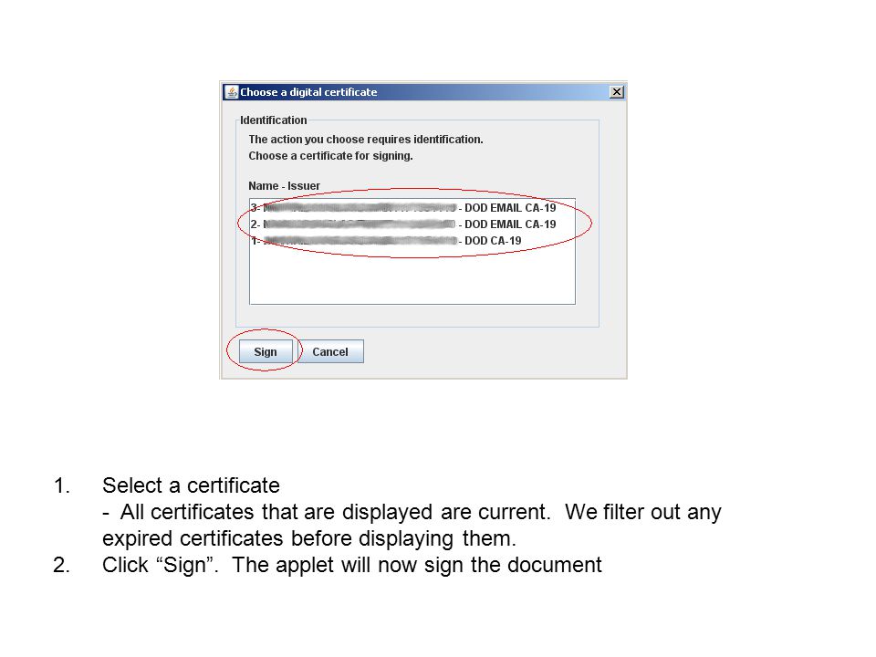 Select a certificate - All certificates that are displayed are current