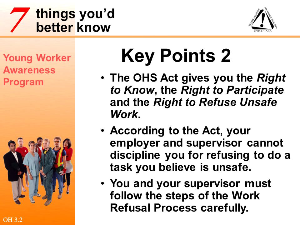 Key Points 2 The OHS Act gives you the Right to Know, the Right to Participate and the Right to Refuse Unsafe Work.