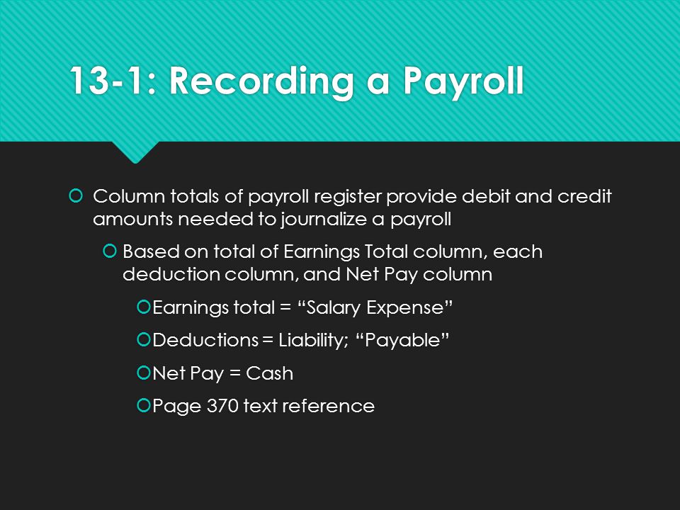 13-1: Recording a Payroll Column totals of payroll register provide debit and credit amounts needed to journalize a payroll.