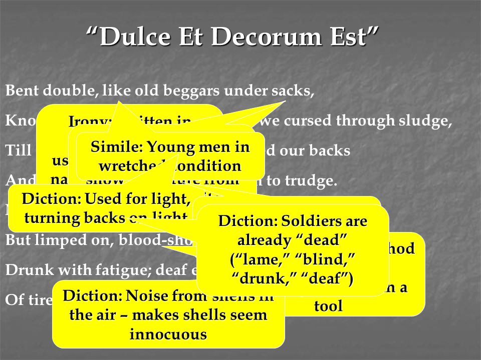 Dulce Et Decorum Est Bent double, like old beggars under sacks,