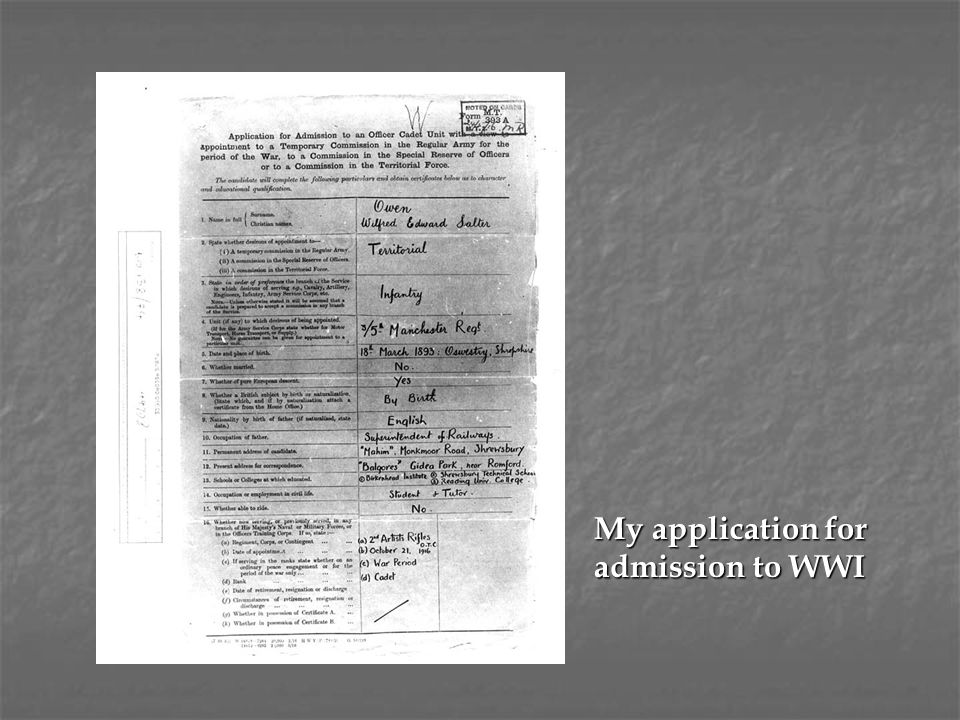 My application for admission to WWI