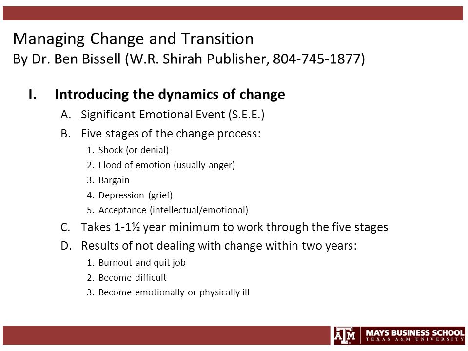 Managing Change and Transition By Dr. Ben Bissell (W. R