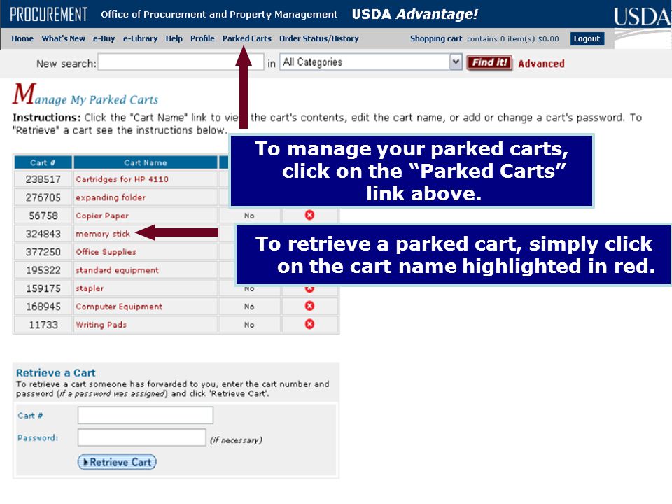 To manage your parked carts, click on the Parked Carts link above.
