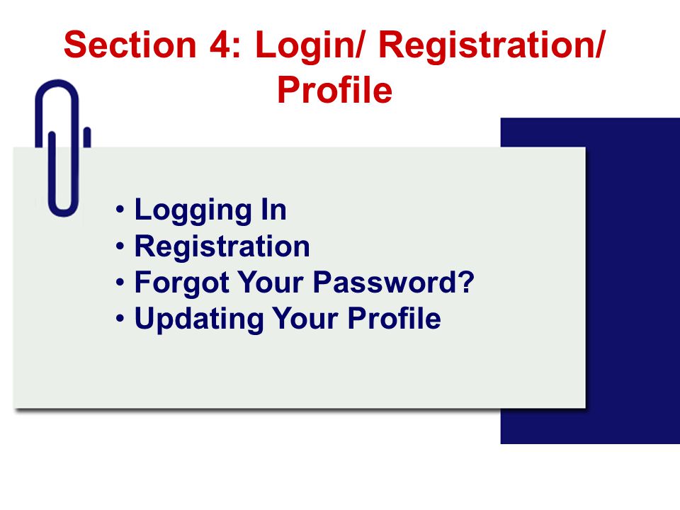 Section 4: Login/ Registration/ Profile