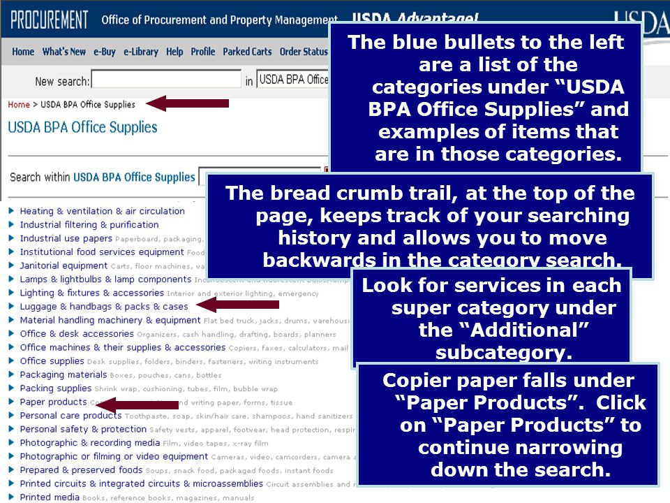 The blue bullets to the left are a list of the categories under USDA BPA Office Supplies and examples of items that are in those categories.
