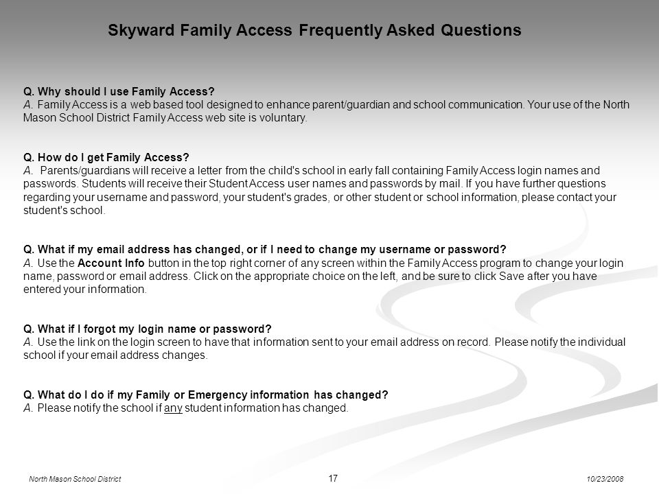 Skyward Family Access Frequently Asked Questions