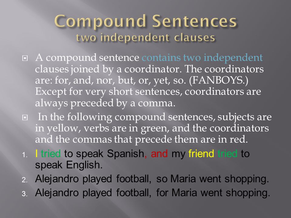 Compound Sentences two independent clauses