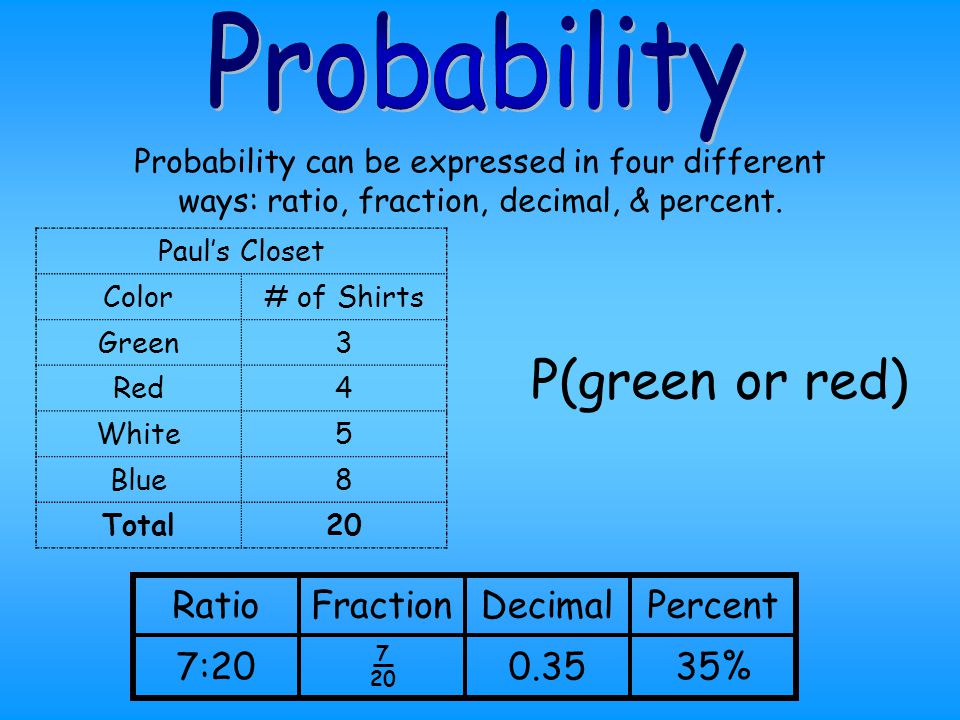 P(green or red) Probability Ratio Fraction Decimal Percent 7: