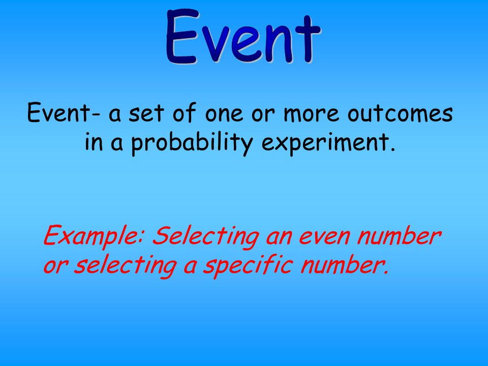 Event- a set of one or more outcomes in a probability experiment.