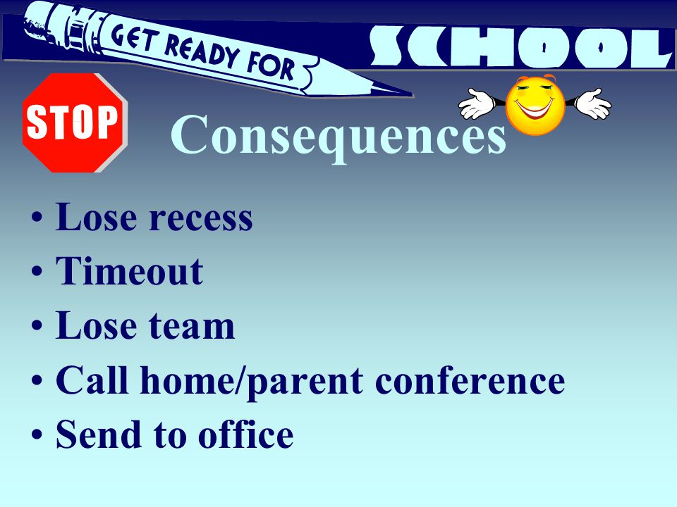 Consequences Lose recess Timeout Lose team Call home/parent conference