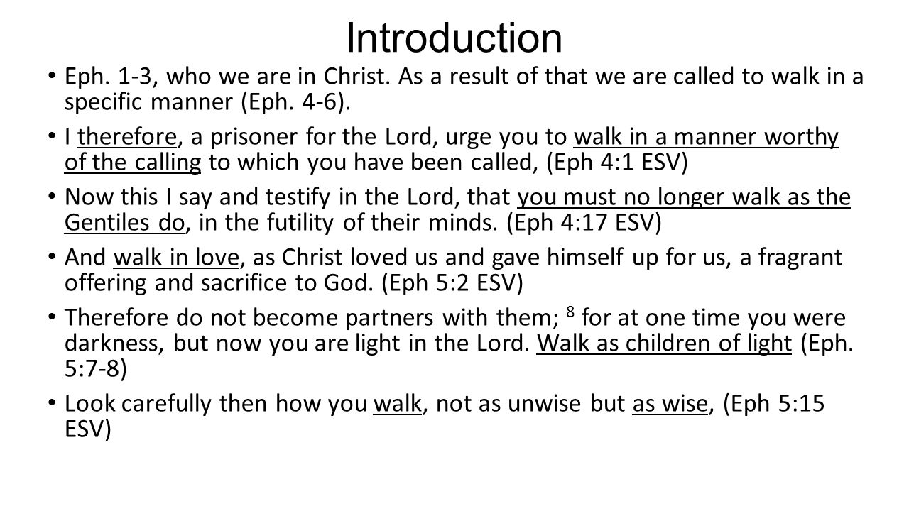 Introduction Eph. 1-3, who we are in Christ. As a result of that we are called to walk in a specific manner (Eph. 4-6).