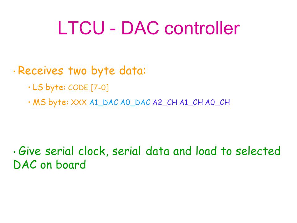LTCU - DAC controller Receives two byte data: LS byte: CODE [7-0] MS byte: XXX A1_DAC A0_DAC A2_CH A1_CH A0_CH.