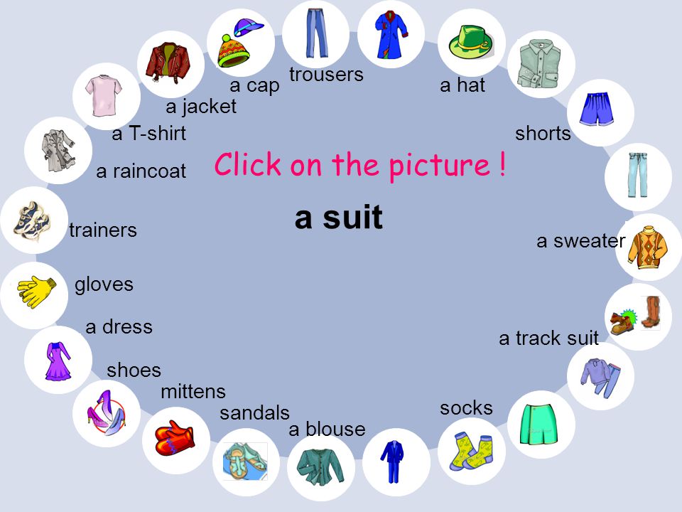 a suit Click on the picture ! trousers a cap a hat a jacket a T-shirt