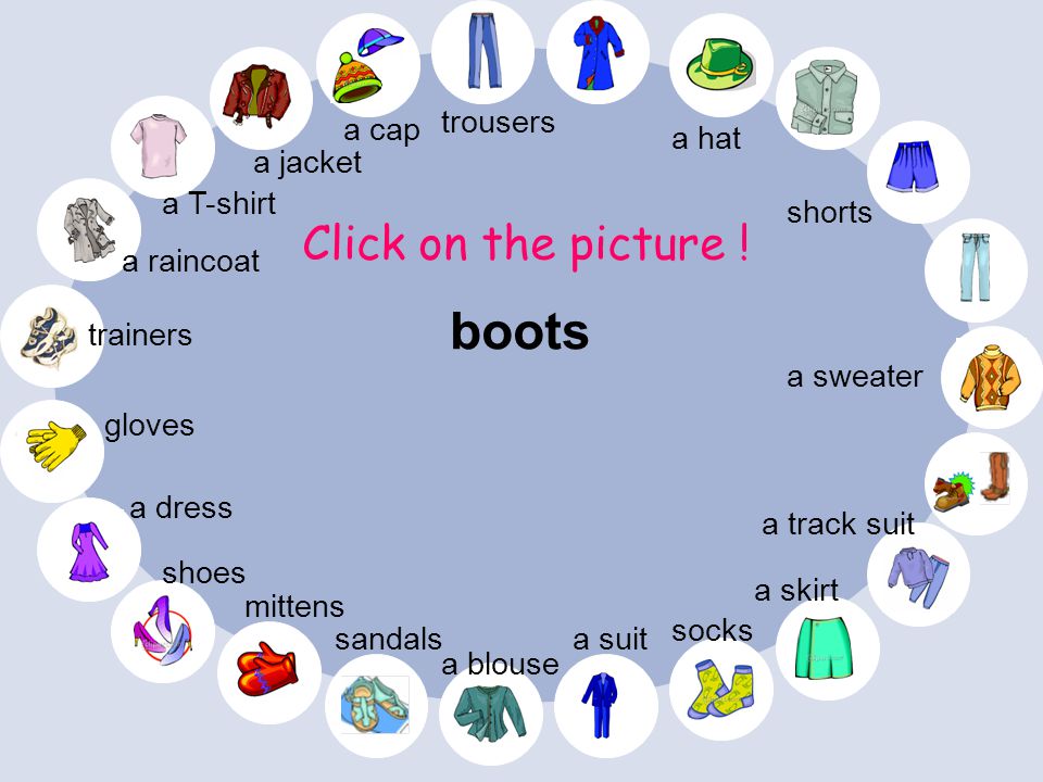 boots Click on the picture ! trousers a cap a hat a jacket a T-shirt