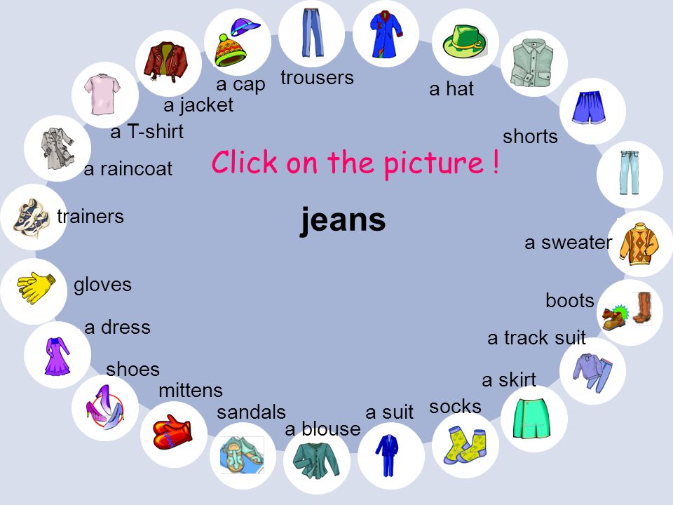 jeans Click on the picture ! trousers a cap a hat a jacket a T-shirt