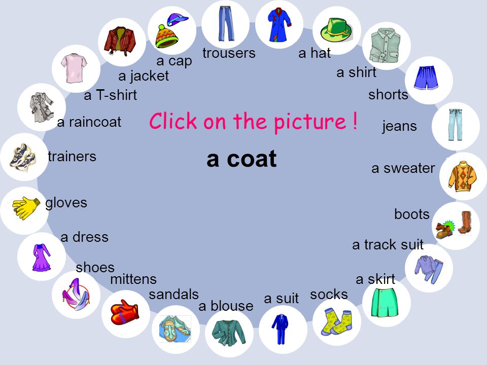 a coat Click on the picture ! trousers a hat a cap a shirt a jacket