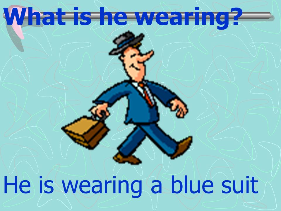 What is he wearing He is wearing a blue suit