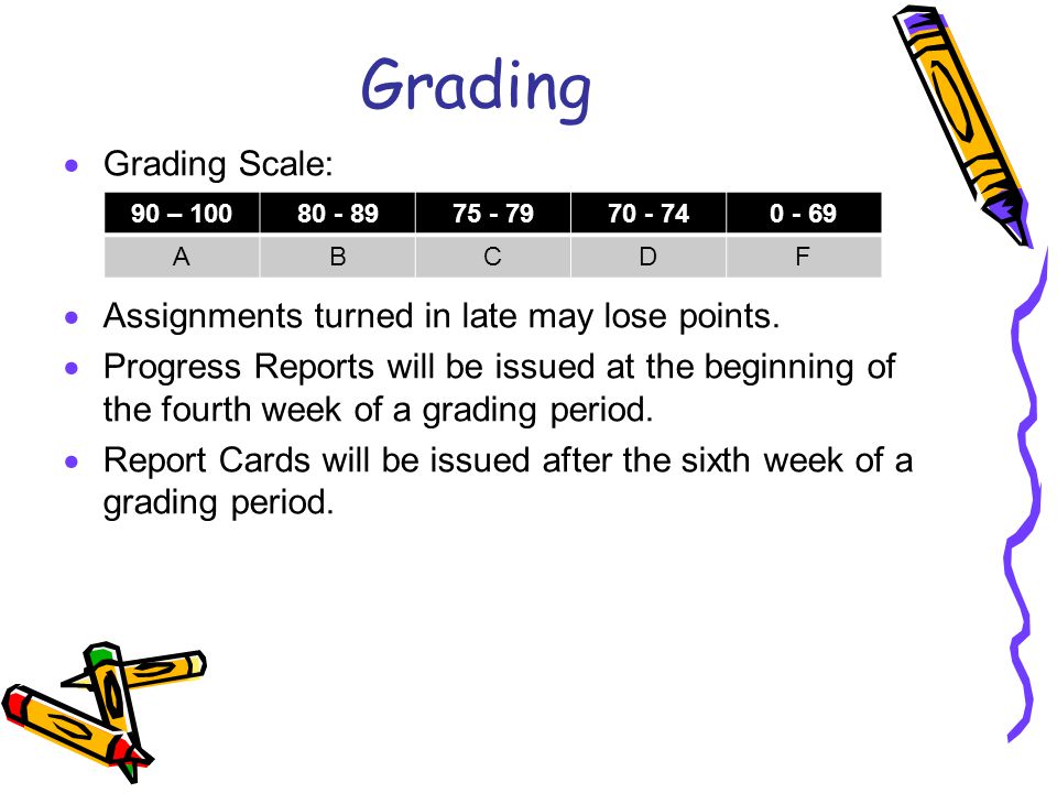 Grading Grading Scale: Assignments turned in late may lose points.