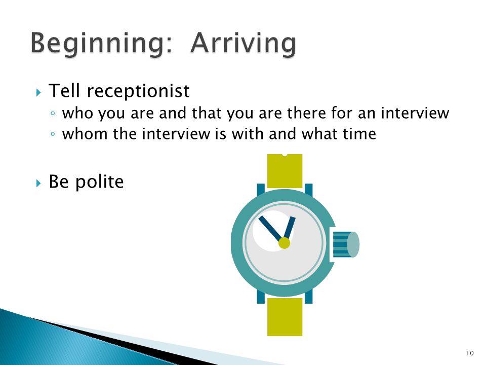 Beginning: Arriving Tell receptionist Be polite