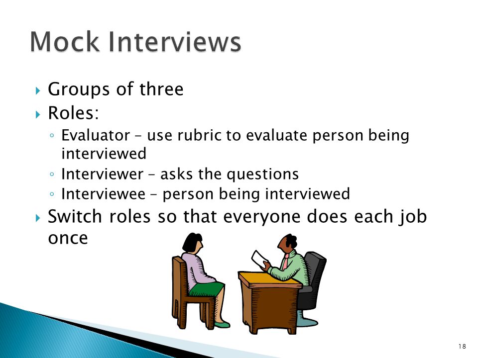 Mock Interviews Groups of three Roles: