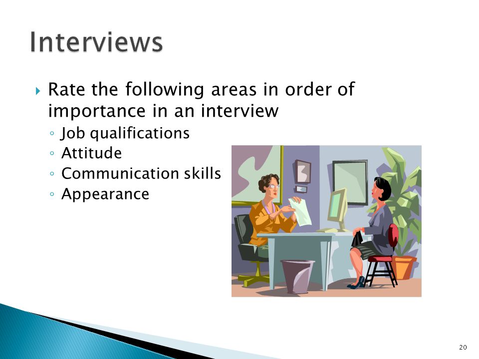 Interviews Rate the following areas in order of importance in an interview. Job qualifications. Attitude.