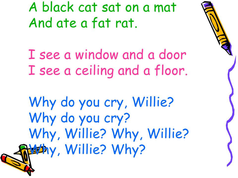 A black cat sat on a mat And ate a fat rat
