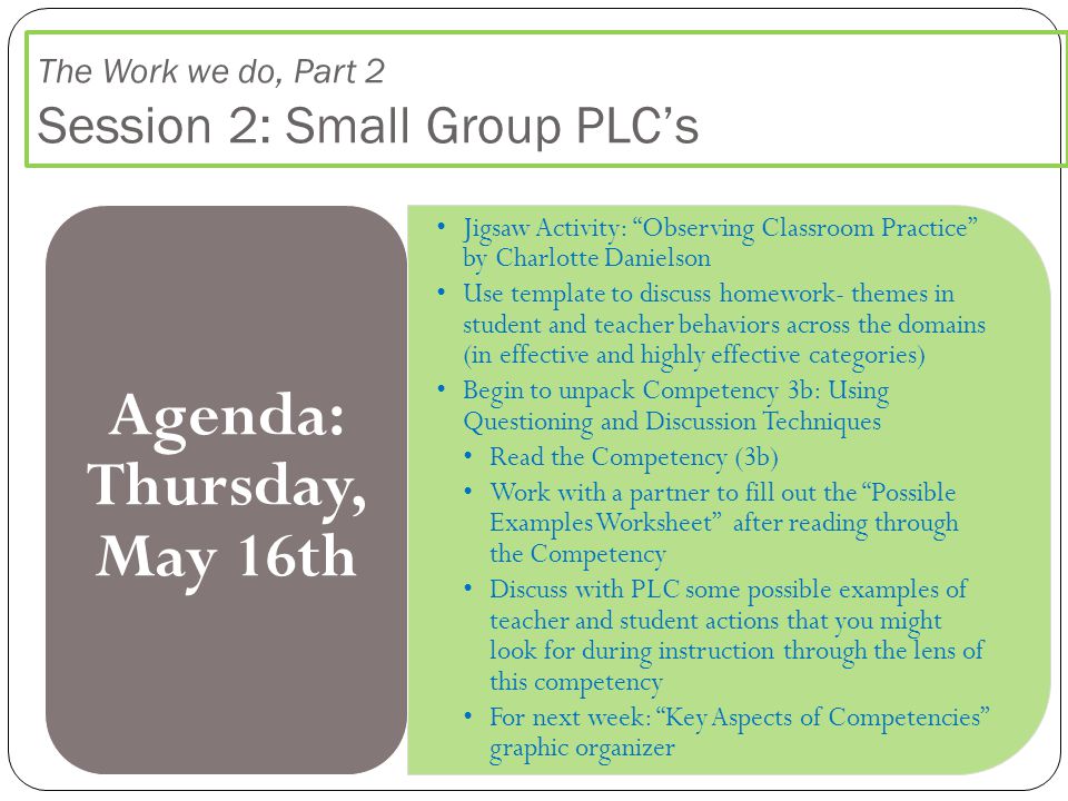The Work we do, Part 2 Session 2: Small Group PLC’s