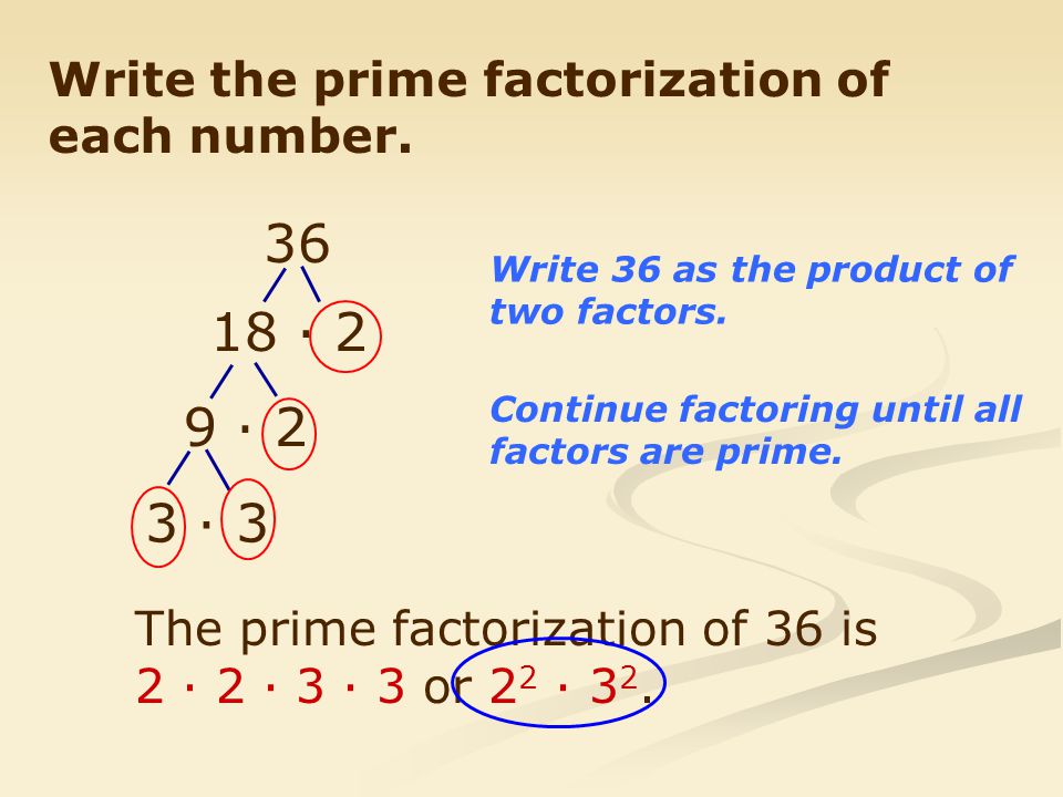 36 18 · 2 9 · 2 3 · 3 Write the prime factorization of each number.