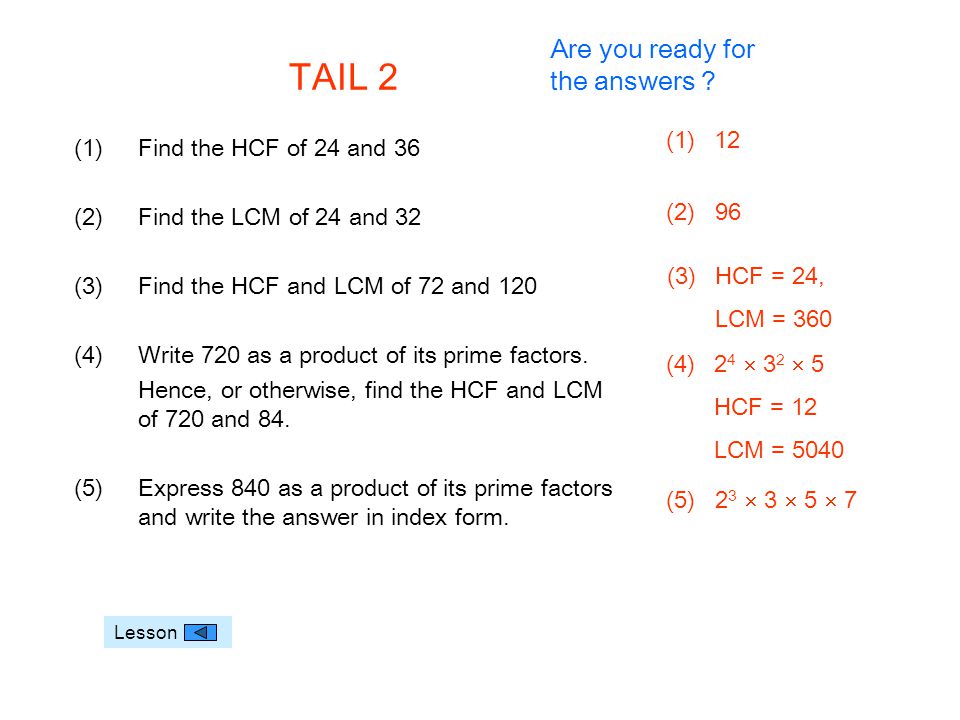 TAIL 2 Are you ready for the answers 12 Find the HCF of 24 and 36