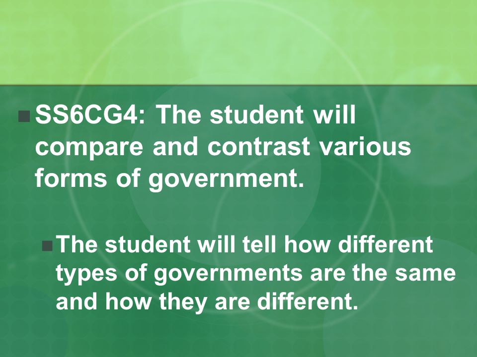 SS6CG4: The student will compare and contrast various forms of government.