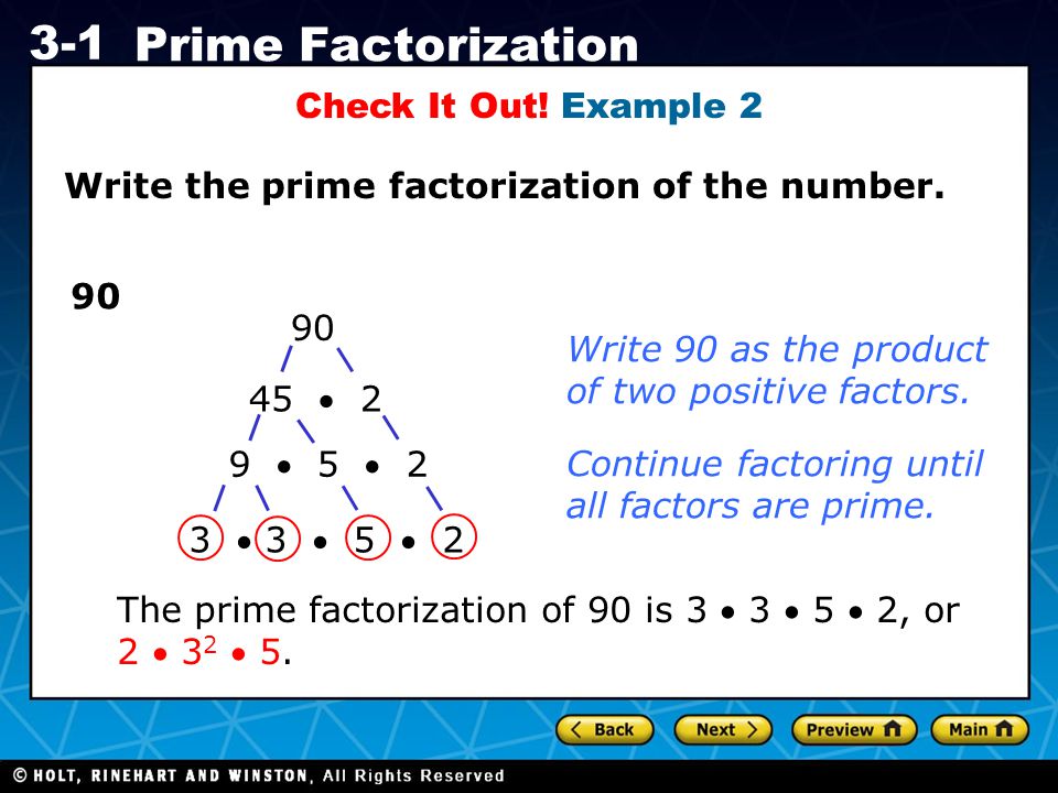 Check It Out! Example 2 Write the prime factorization of the number Write 90 as the product.