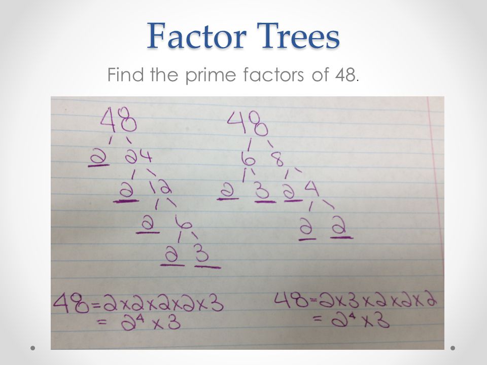 Factor Trees Find the prime factors of 48.