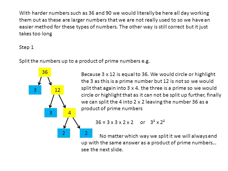 With harder numbers such as 36 and 90 we would literally be here all day working them out as these are larger numbers that we are not really used to so we have an easier method for these types of numbers. The other way is still correct but it just takes too long