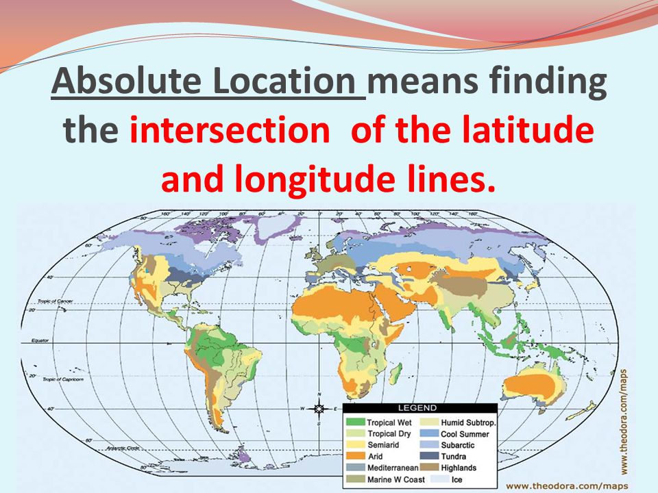 Absolute Location means finding the intersection of the latitude and longitude lines.