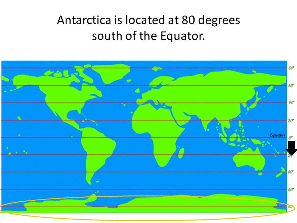 Antarctica is located at 80 degrees south of the Equator.