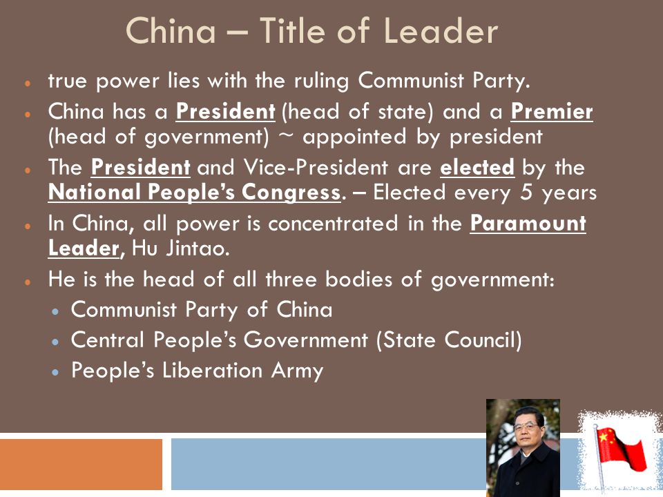 China – Title of Leader true power lies with the ruling Communist Party.