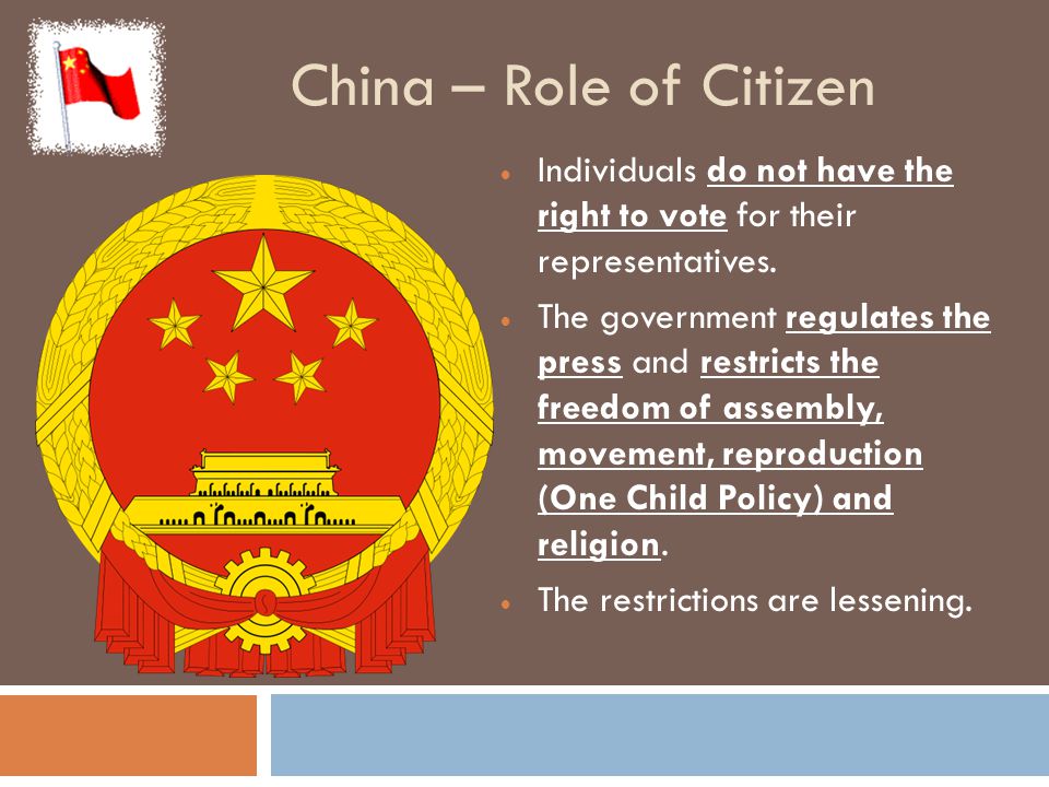China – Role of Citizen Individuals do not have the right to vote for their representatives.