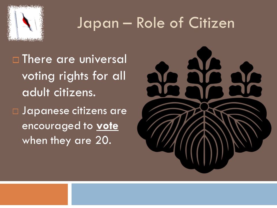 Japan – Role of Citizen There are universal voting rights for all adult citizens.