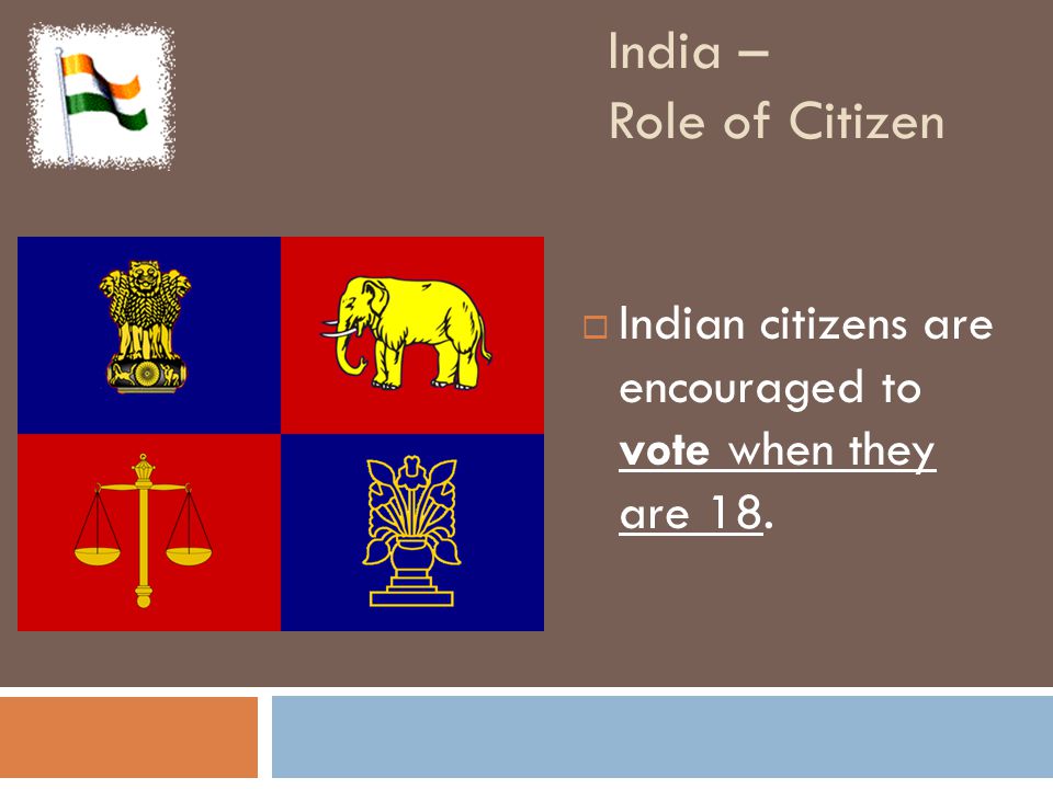 India – Role of Citizen Indian citizens are encouraged to vote when they are 18.