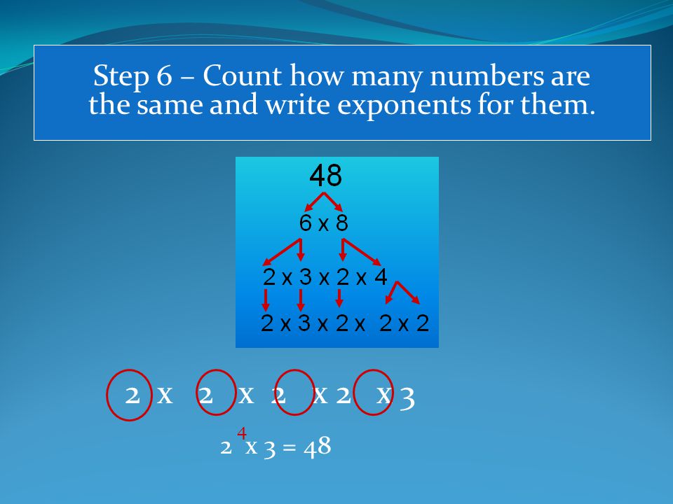 2 x 2 x 2 x 2 x 3 Step 6 – Count how many numbers are