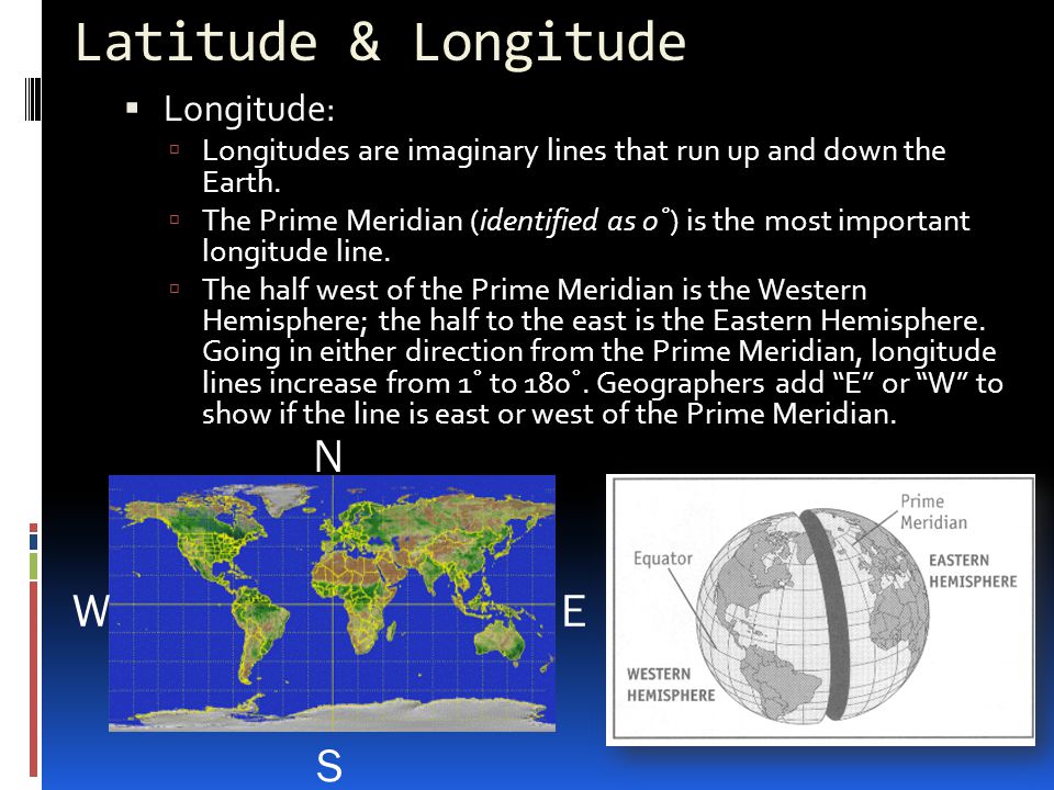 Latitude & Longitude N S E W Longitude: