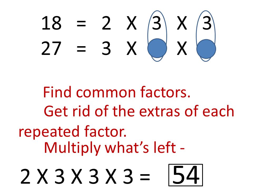 18 = 2 X 3 X 3 27 = 3 X 3 X 3 Find common factors.