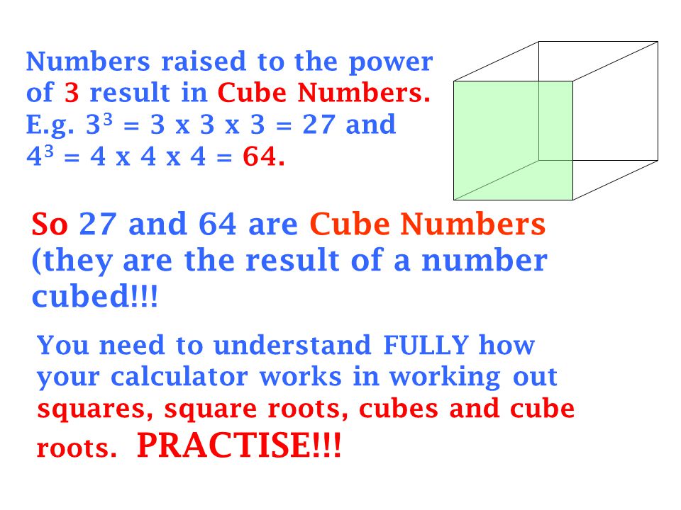 Numbers raised to the power of 3 result in Cube Numbers. E. g