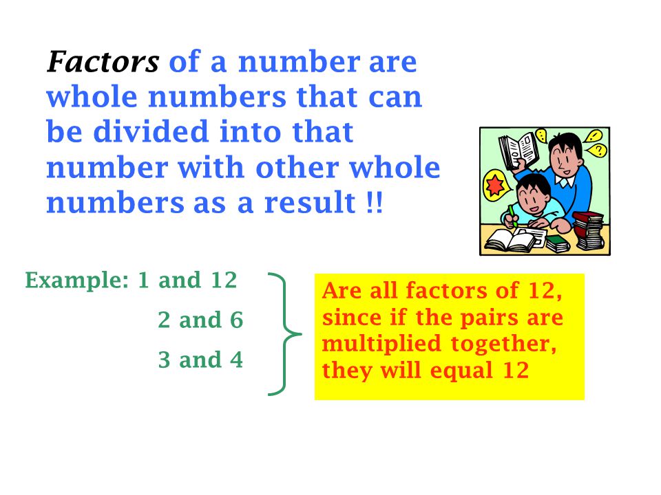 Factors of a number are whole numbers that can be divided into that number with other whole numbers as a result !!
