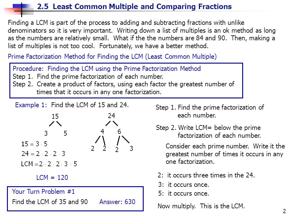 Finding a LCM is part of the process to adding and subtracting fractions with unlike denominators so it is very important. Writing down a list of multiples is an ok method as long as the numbers are relatively small. What if the the numbers are 84 and 90. Then, making a list of multiples is not too cool. Fortunately, we have a better method.