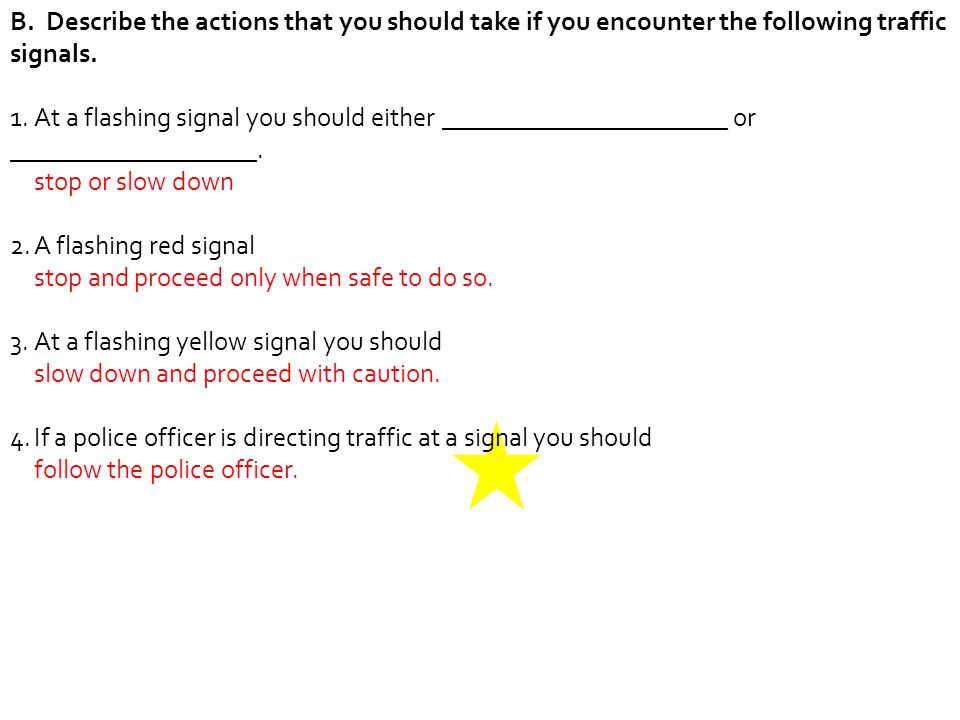 Describe the actions that you should take if you encounter the following traffic signals.