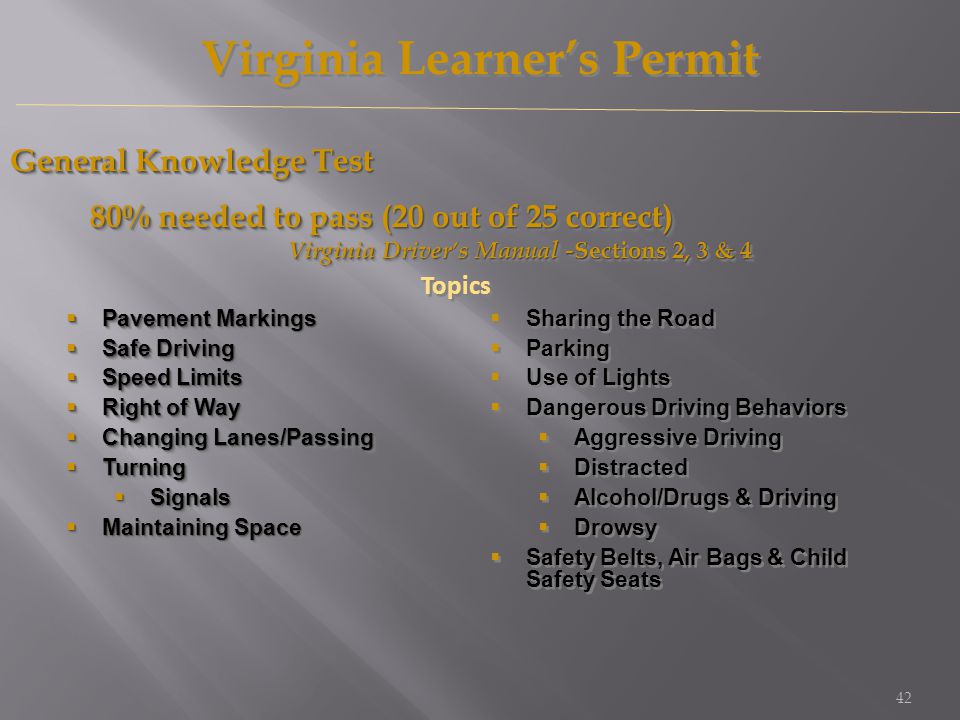 Virginia Learner’s Permit Virginia Driver’s Manual -Sections 2, 3 & 4