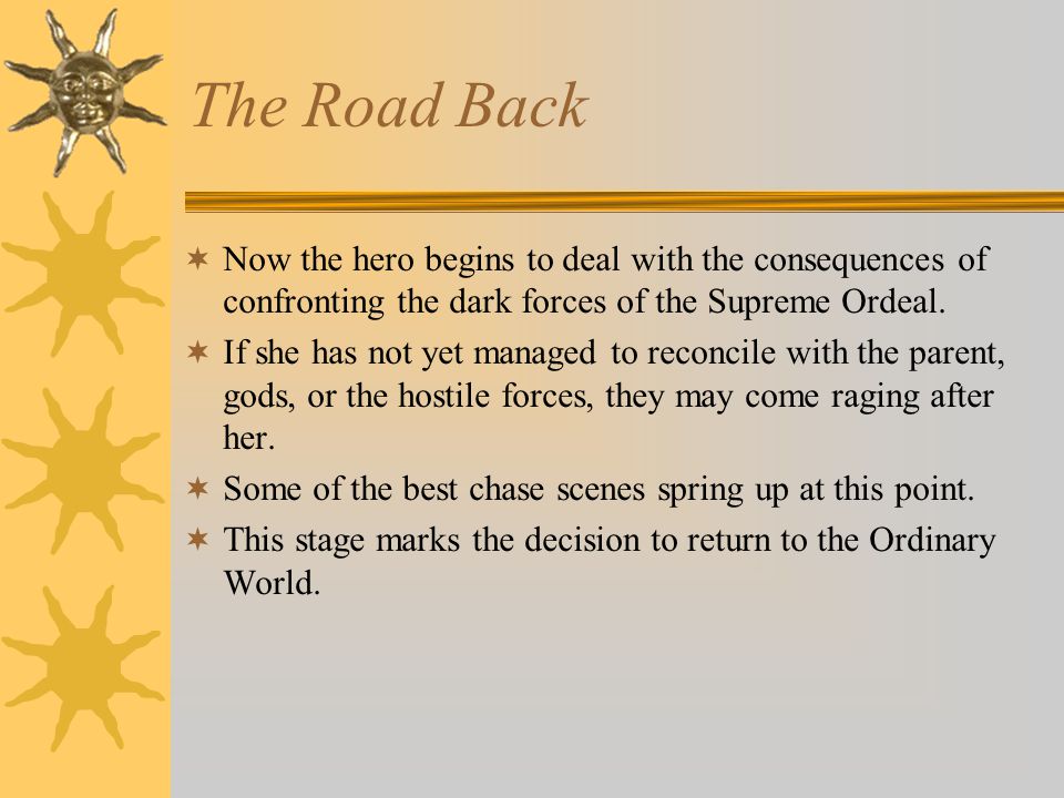 The Road Back Now the hero begins to deal with the consequences of confronting the dark forces of the Supreme Ordeal.