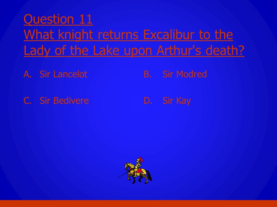 Question 11 What knight returns Excalibur to the Lady of the Lake upon Arthur s death